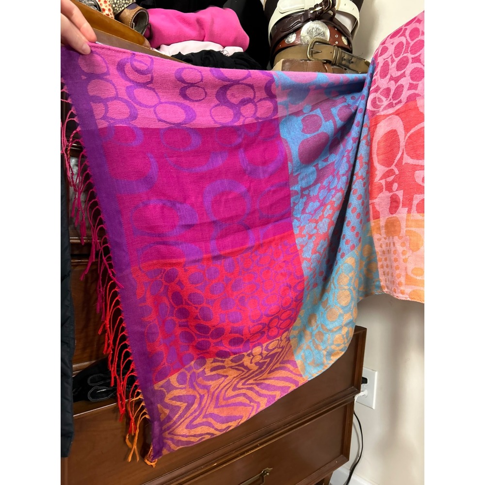 Y2K Coach Patchwork Signature Logo Scarf Purple Pink Orange Blue Fringe Jacquard - Picture 4 of 9